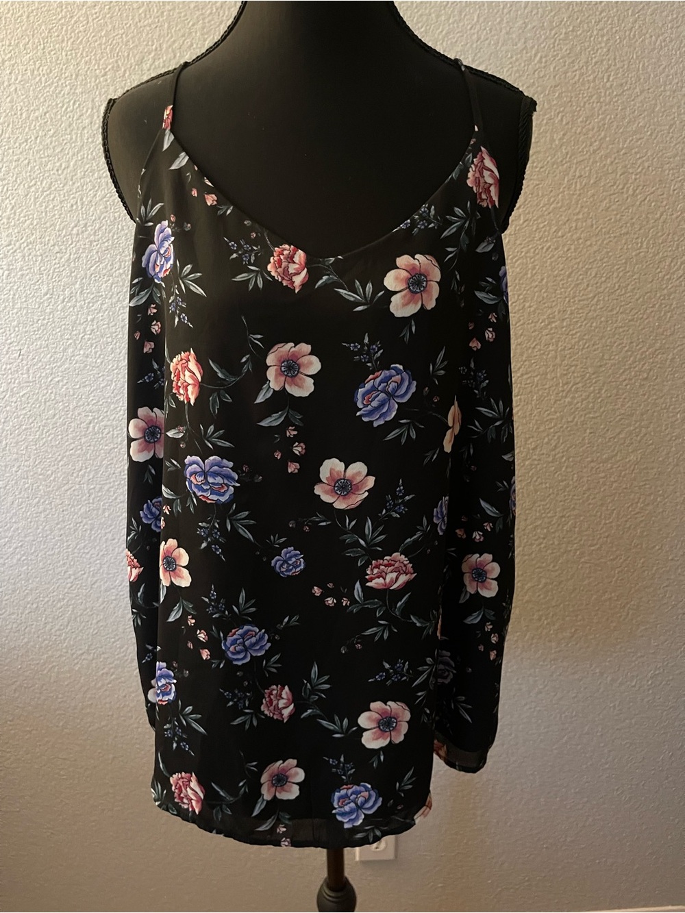 Black Floral Maxi camisole with Pink & Blue Blooms